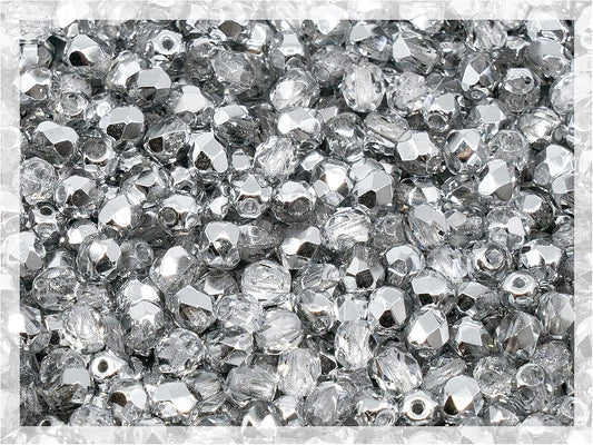 1.8 oz (50g, Approx. 600pcs) of Faceted Fire Polished Pressed Czech Glass Beads 4mm (0.16in), Crystal Silver Aluminum Labrador 00030-27001 BCV