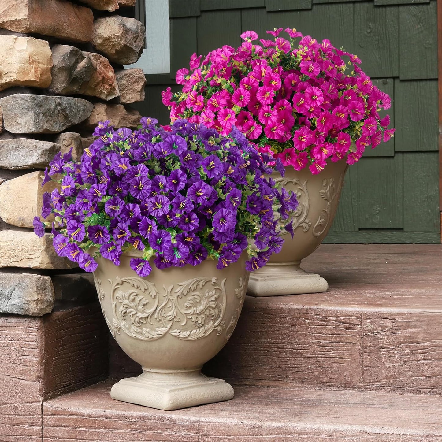 Artificial Flowers Fake Plants for Outdoors Decoration, 12 Bundles Silk Morning Glory with Eucalyptus Realistic UV Resistant Fuchsia Faux Flowers for Outside Planter Yard Patio Garden Home Indoor