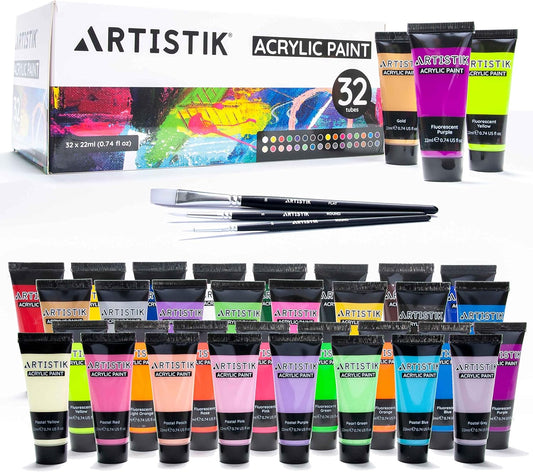 ARTISTIK Acrylic Paint Tube Set of 32-22ml Paint Tubes with 3 Brushes for Adults, Kids and Artists - Non-Toxic Artist Quality Paints for Canvas Painting, Wood Crafts, Ceramic and Art Supplies