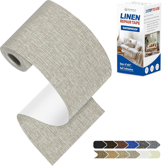 KING MOUNTAIN Linen Repair Patches, Self-Adhesive Linen Fabric Patches, 4 X 63 inch Extra Size, Multi Color, Can be Used for Linen Sofa Repair and Linen Clothes Repair (Cream-Gray 1.0)