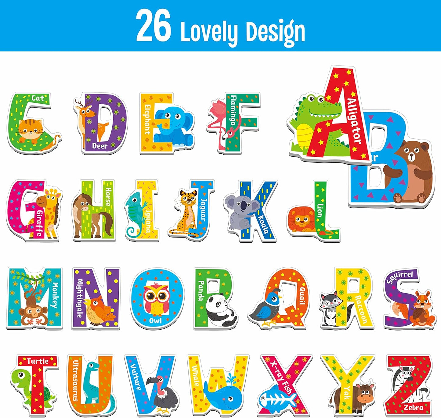 26 Magnetic Alphabet, Uppercase Letters with Adorable Zoo Animal Alphabet ABC Fridge Magnets Educational Spelling Learning Games Toys Set for Kids, Toddlers 3 4 5 Years Old