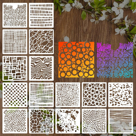 16Pcs Layering Stencils for Painting, 6"x6" Paint Stencils Mixed Texture Bubble Dot Waves Stone Crackle Splatter Geometric Stencil, Stencil for Painting on Wood DIY Art Crafts