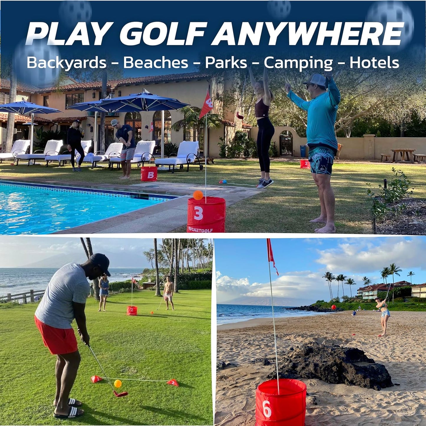 bucketgolf Game 6 Hole Bundle with Clubs - The Best Backyard Golf Game for All Ages and Levels Adults, Kids, Families, Schools, Yards, Parks, Beaches, Vacation. (2 Clubs (1RH + 1 LH))