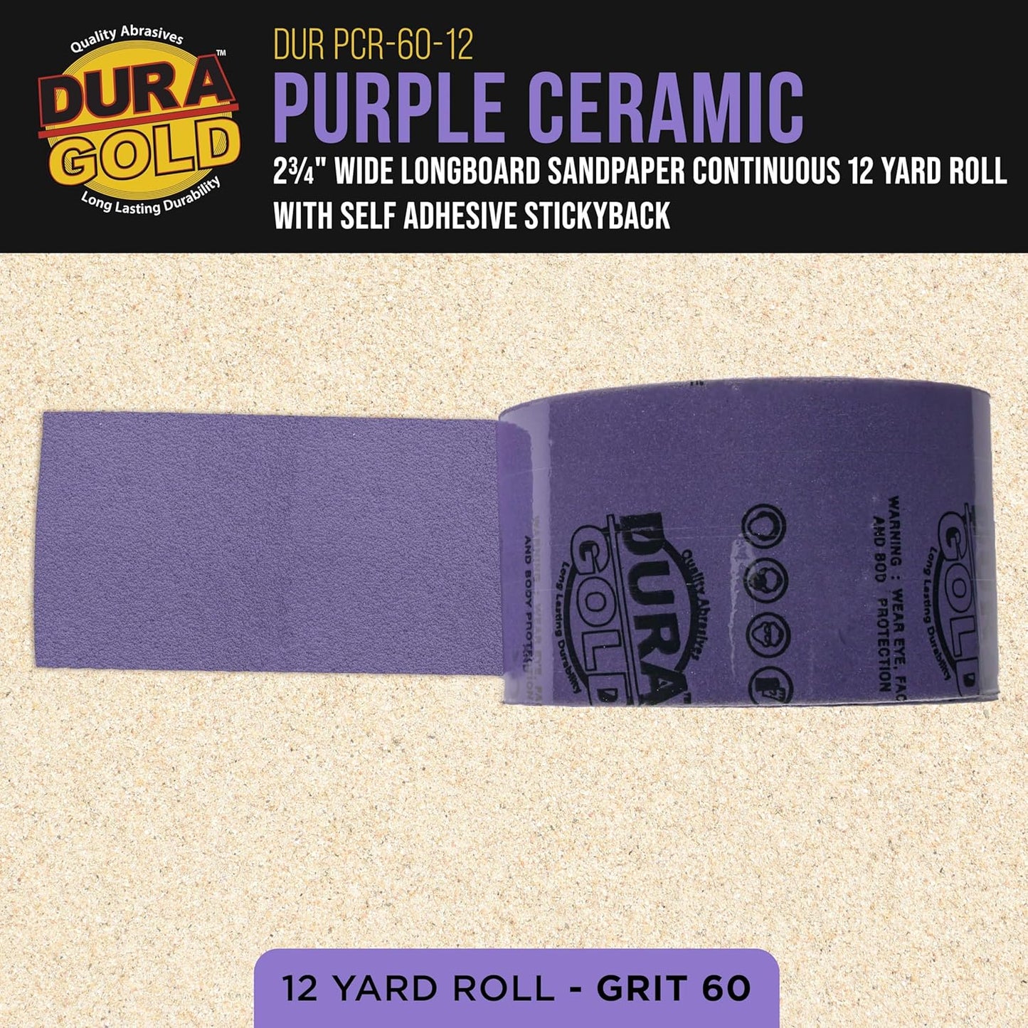 Dura-Gold Premium 60 Grit PSA Purple Film Ceramic Longboard Sandpaper, 2-3/4" Wide Continuous 12 Yard Roll - Self Adhesive Stickyback for Auto & Wood Air File Long Board Sanders, Hand Sanding Blocks