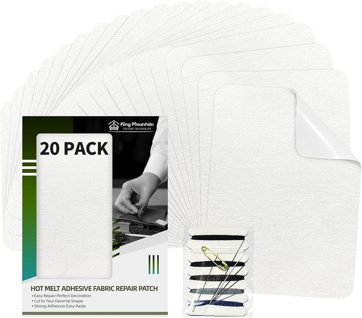 KING MOUNTAIN Iron-on Repair Patch 20 Pcs Pack,100% Cotton Iron-on Repair Patch,3" x4-1/4 with Back Glue Fabric Repair Kit,Repair Denim, Clothes and Fabric (White1.0