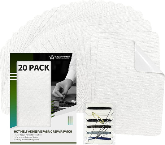 KING MOUNTAIN Iron-on Repair Patch 20 Pcs Pack,100% Cotton Iron-on Repair Patch,3" x4-1/4 with Back Glue Fabric Repair Kit,Repair Denim, Clothes and Fabric (White1.0