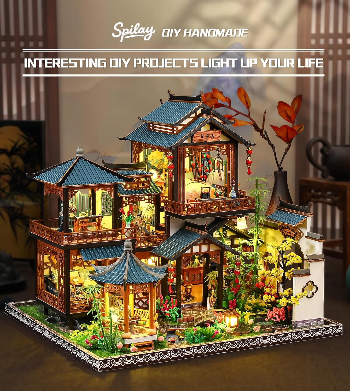 Spilay DIY Miniature Dollhouse Kit,DIY Dollhouse Kit with Wooden Furniture,Dust Proof Cover, Music Box and LED,Handmade Crafts Gifts for Birthday Christmas and Valentine's Day（P019）