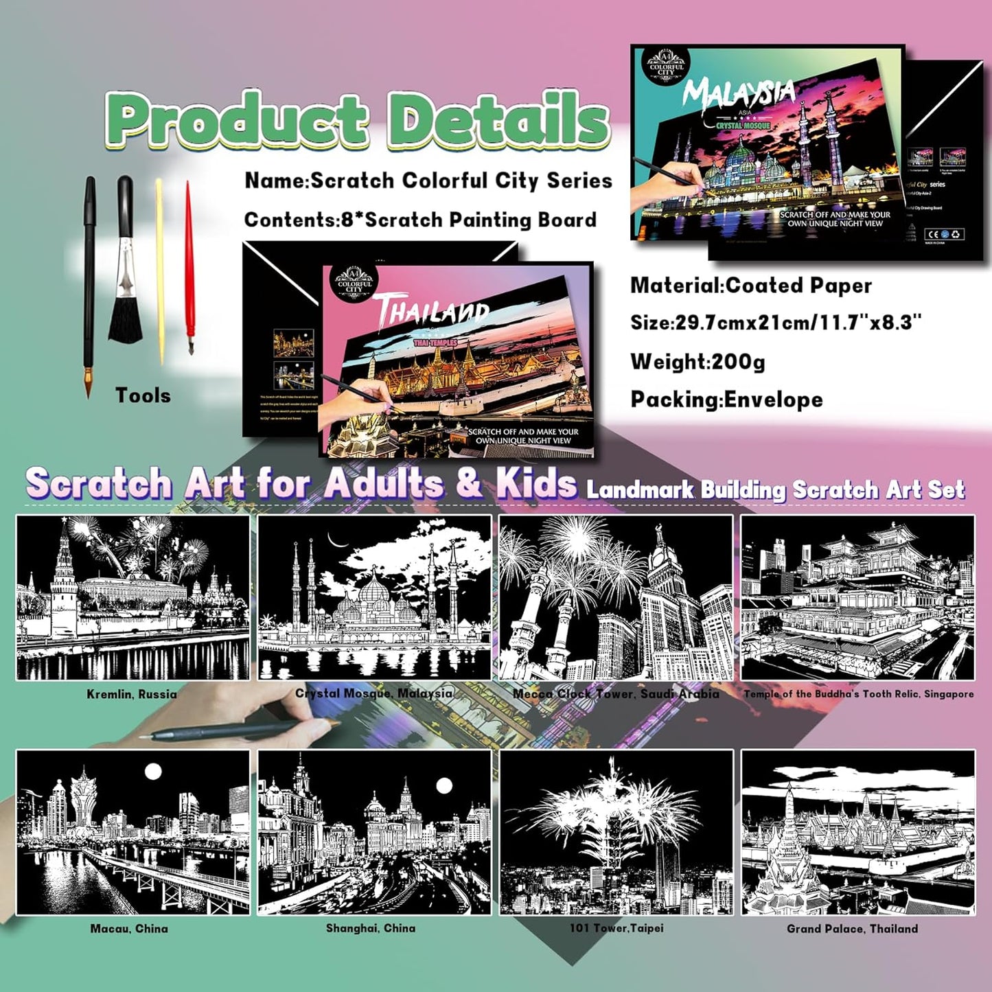 Scratch Art Painting Kit for Adults-8 Sheets A4 Rainbow Scratch Painting Paper Craft Set with City Landmarks|Stress Relief Gift for Travel&Craft Lovers|Scratch Art Home Decor(Asian Series)