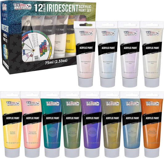 U.S. Art Supply 12-Color Iridescent Acrylic Paint Set Large 75ml Tubes - Luminescent, Chameleon, Color-Shifting Pearl Colors, Crafting Paints - Iridescent Paint Acrylics for Canvas, Wood, Rock, Paper