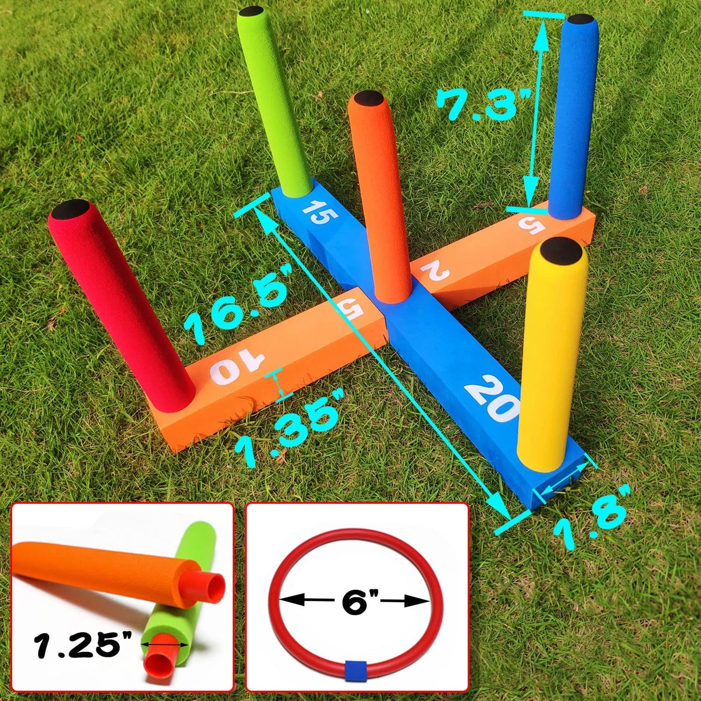 Ring Toss Game for Kids, Indoor & Outdoor Game for Family and Adults with 5 Poles, 2 Bases and 16 Rings in 4 Colors, Soft Foam Toy for Kids Backyard Ring Toss Fun