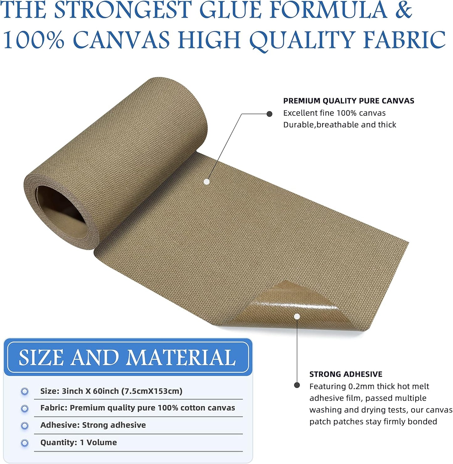 KING MOUNTAIN Canvas Iron on Patch,3"×60",Waterproof 100% Cotton Fabric Repair Patch,Used for Various Sofa,Tent,Clothes,Seats,Suitcases (Light Brown)