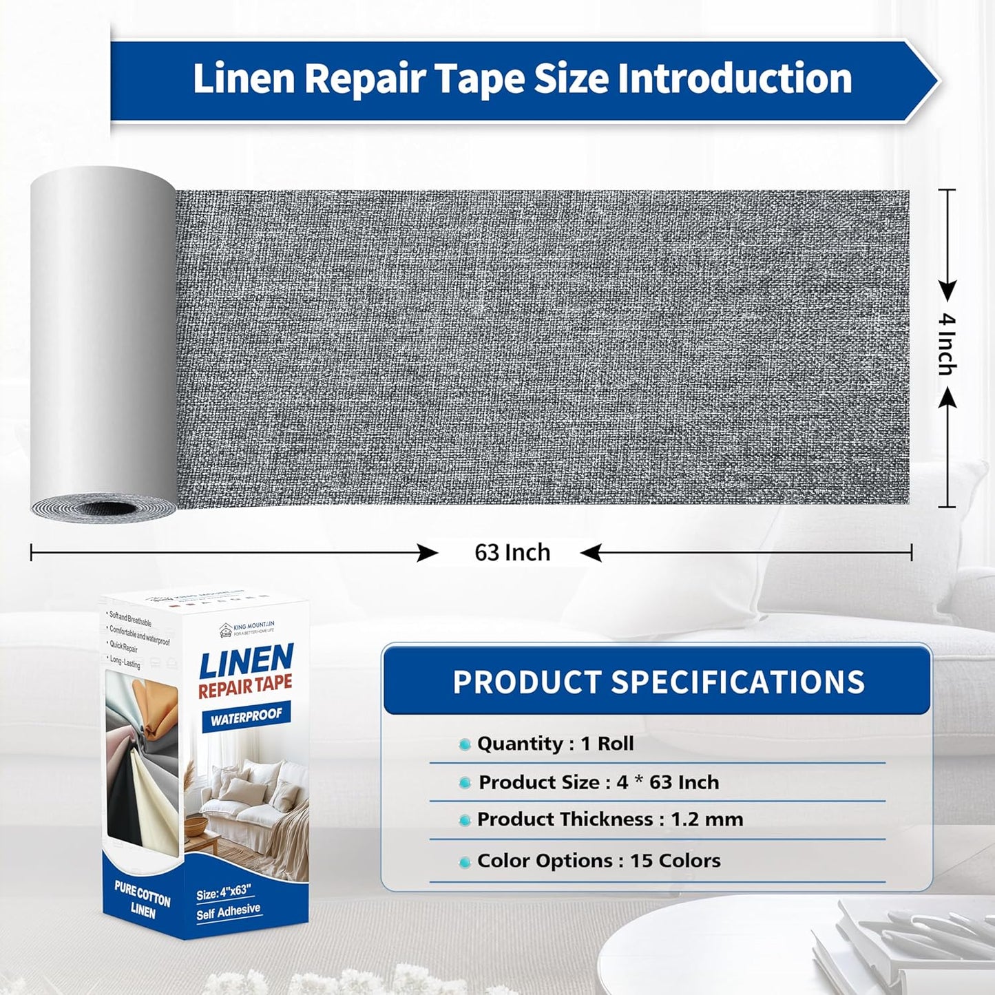 KING MOUNTAIN Linen Repair Patches, Self-Adhesive Linen Fabric Patches, 4 X 63 inch Extra Size, Multi Color, Can be Used for Linen Sofa Repair and Linen Clothes Repair (Grey)