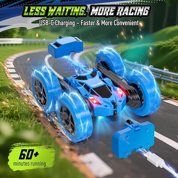 Remote Control Stunt Car for Kids, 360° Spinning Double-Sided RC Toy with Headlights, 4WD USB-C Rechargeable Vehicle for Boys Ages 6–12, Educational STEM Toy