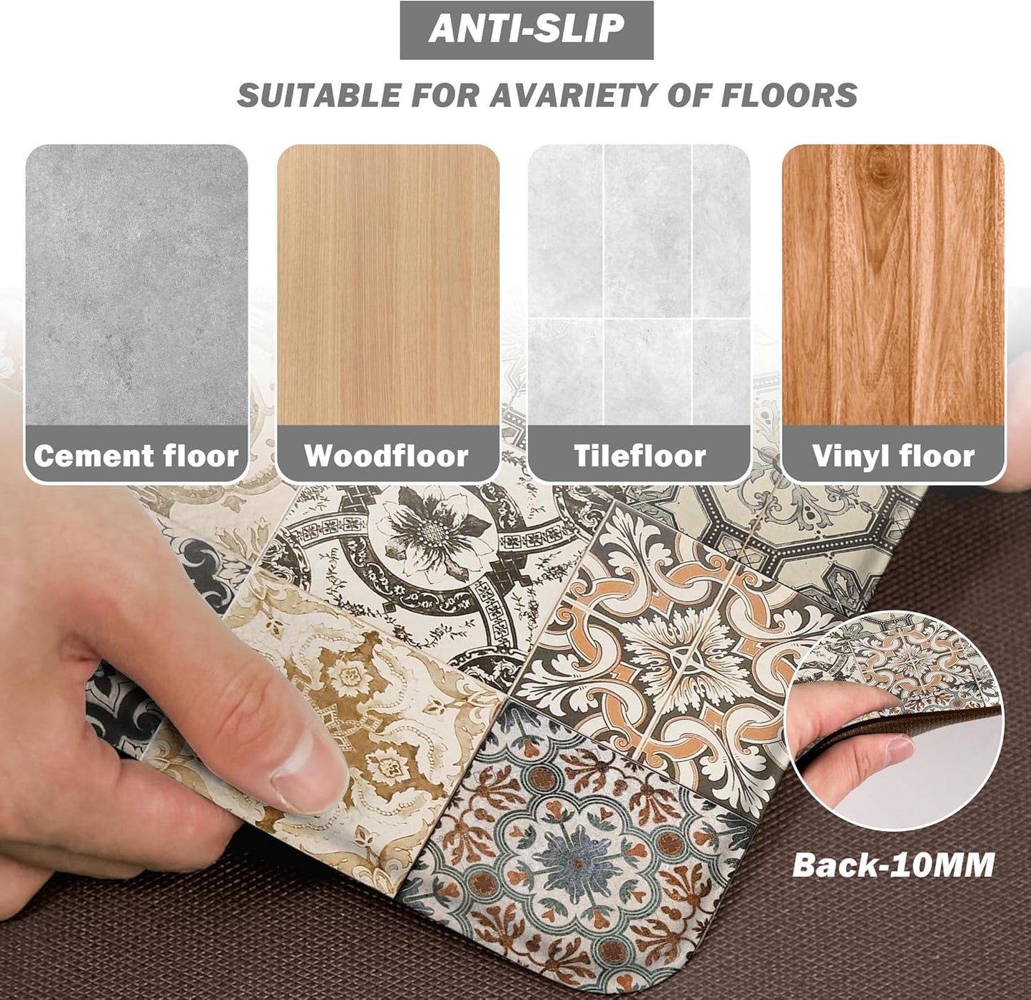 Boho Kitchen Rugs Set 2 Memory Foam Colorful Ceramic Comfort Tile Floor Mat Anti Fatigue Non-Skid PVC Runner Rug Water & Oil Proof Carpet for Kitchen Laundry Sink,17.3x28+17.3x47 Inch, C3