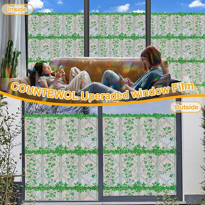 3D Rainbow Stained Glass Window Film with Green Plants Static Cling No Adhesive Privacy Decor for Home Office (Rainbow Ivy, 23.6 x 78.7 Inch)