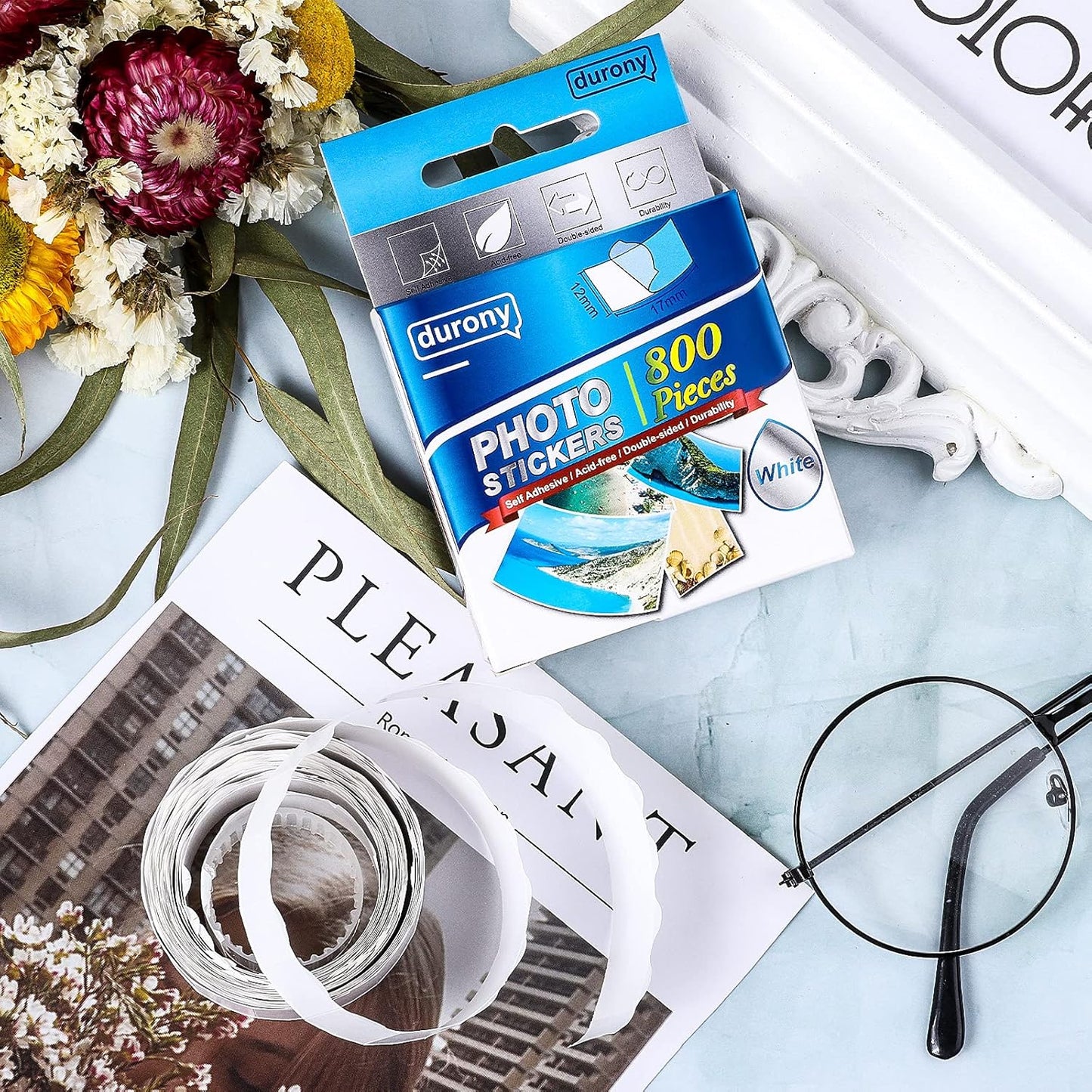 durony 800 Pieces Photo Sticker White Double-Sided Self Adhesive Photo Tapes for Pictures DIY Photo Album Journal