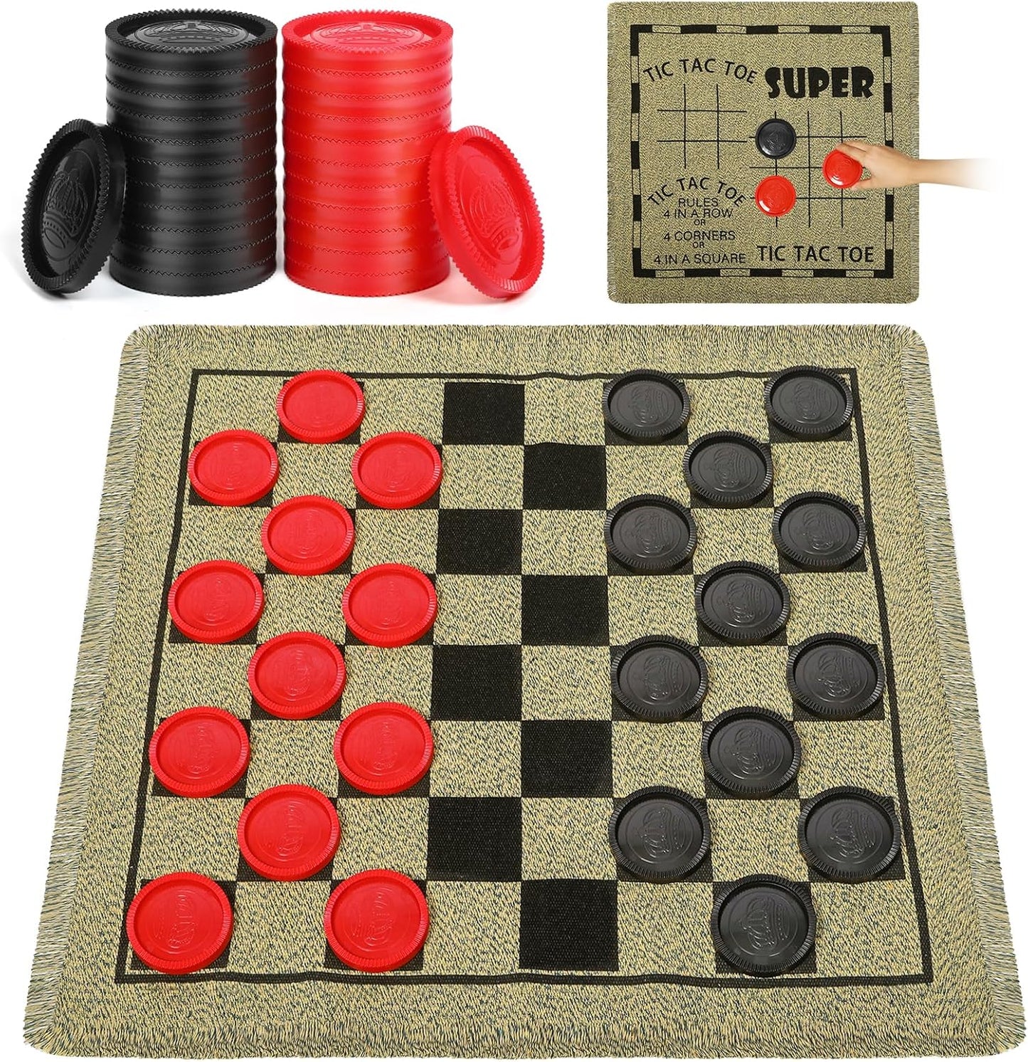 Giant Checkers Game Set - 3-in-1 Reversible Carpet for Kids & Adults - Oversized Indoor/Outdoor Mat for Family Fun & Parties