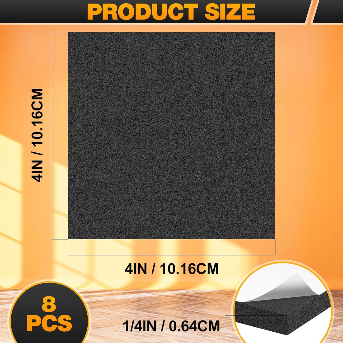 MYFAMIREA 8 PCS Adhesive Foam Padding Sheets Closed Cell Self Adhesive Sticky Foam Pads, 1/4" Thick 4'' x 4'' Neoprene Rubber Sheets Non-Slip Insulation Pads Vibration for Furniture Crafts Cars, Black