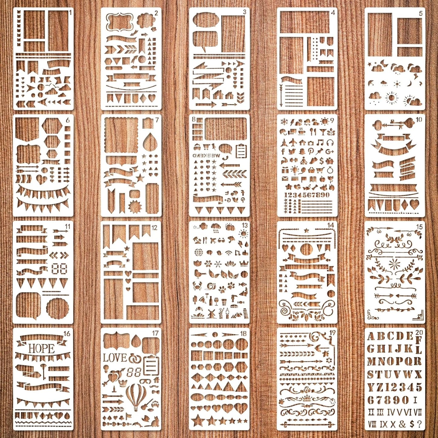 20Pcs Journal Stencils Set, Plastic Planner Journaling Stencils, DIY Drawing Templates Accessories Kit for Notebook Cards Scrapbook, Reusable Productivity Journals Supplies