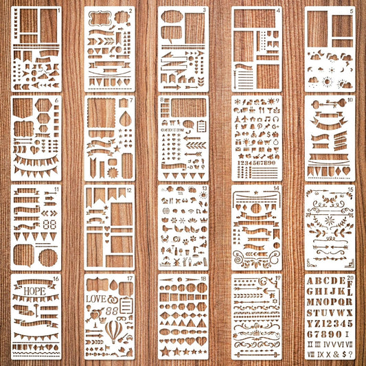 20Pcs Journal Stencils Set, Plastic Planner Journaling Stencils, DIY Drawing Templates Accessories Kit for Notebook Cards Scrapbook, Reusable Productivity Journals Supplies