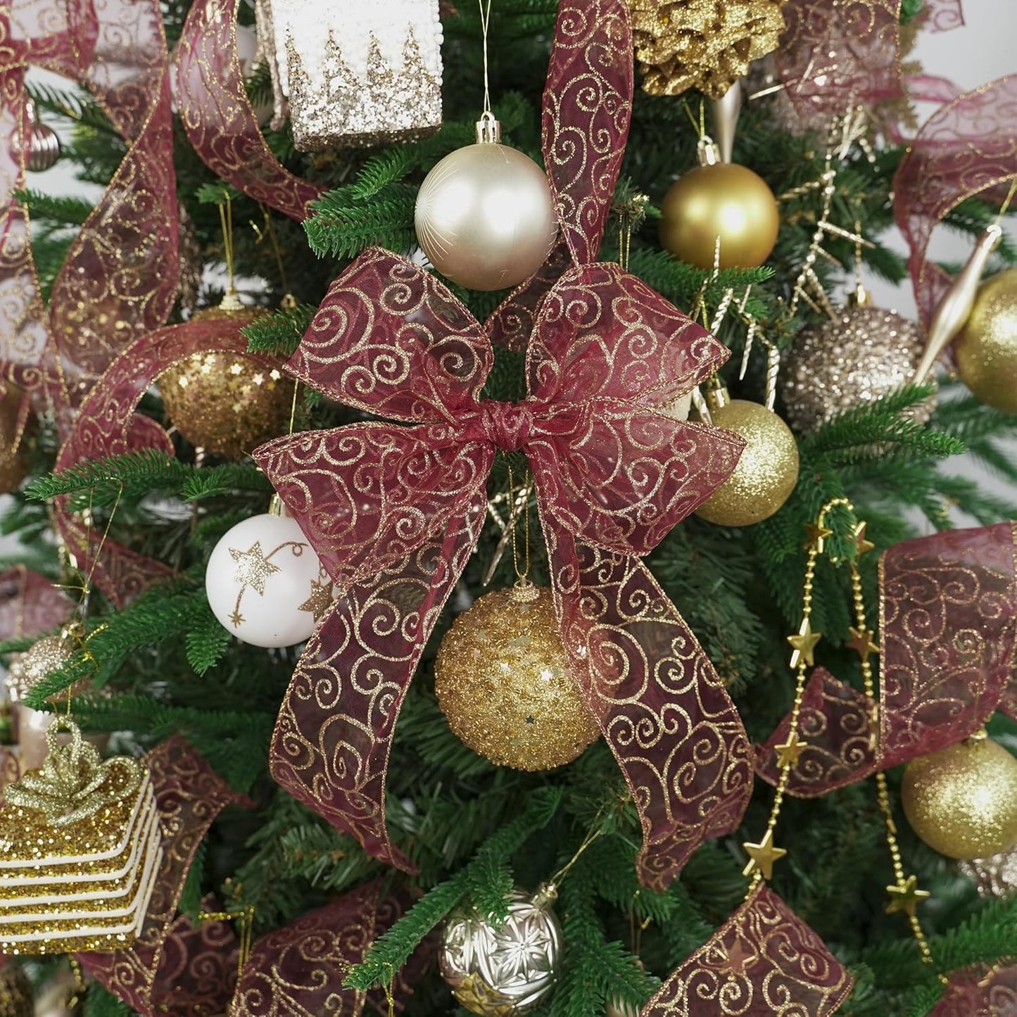 MEEDEE Red Gold Swirl Wired Ribbon 2.5 Inch Dark Red Sheer Ribbon with Gold Swirl Glitter Wired Ribbon Organza Sheer Ribbon 25 Yards Burgundy Sheer Christmas Ribbon for Christmas Tree, Wreath Bow