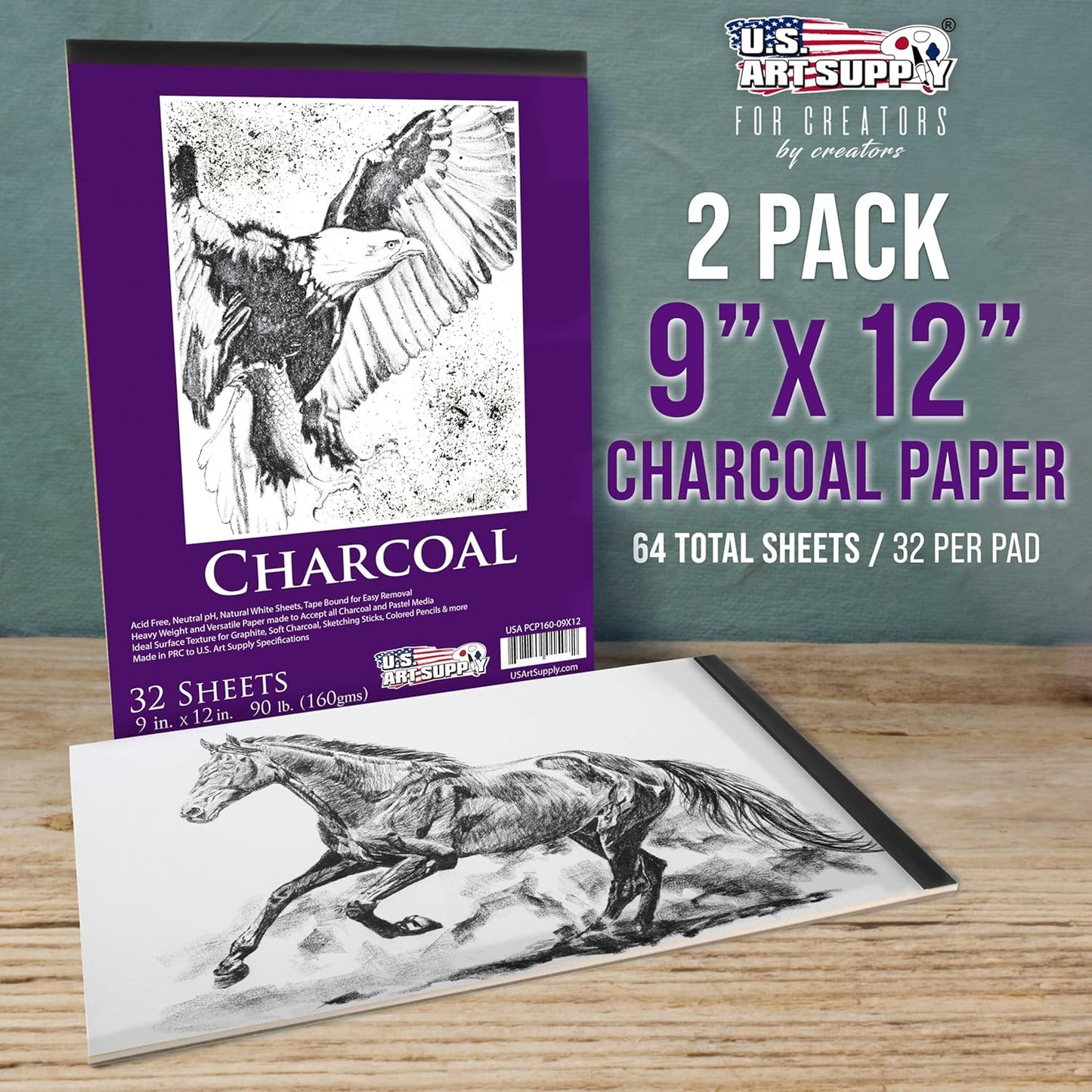 U.S. Art Supply 9" x 12" Premium Heavy-Weight Charcoal Sketchbook (2 Pack, 64 Sheets Total) - 90lb (160gsm) Sketch Book Pad for Charcoal, Pencil & Pastel Drawing