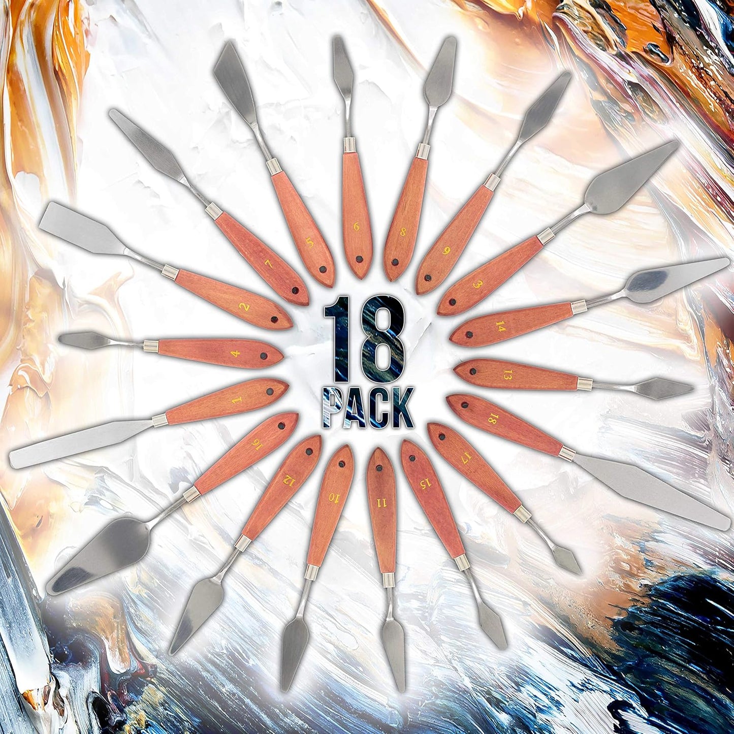 U.S. Art Supply 18-Piece Stainless Steel Palette Knife Set for Acrylic Painting - Wood Handle Paint Spatula Tools for Oil, Canvas Art - Painting Knives for Mixing, Texturing - Pallet Knives for Art