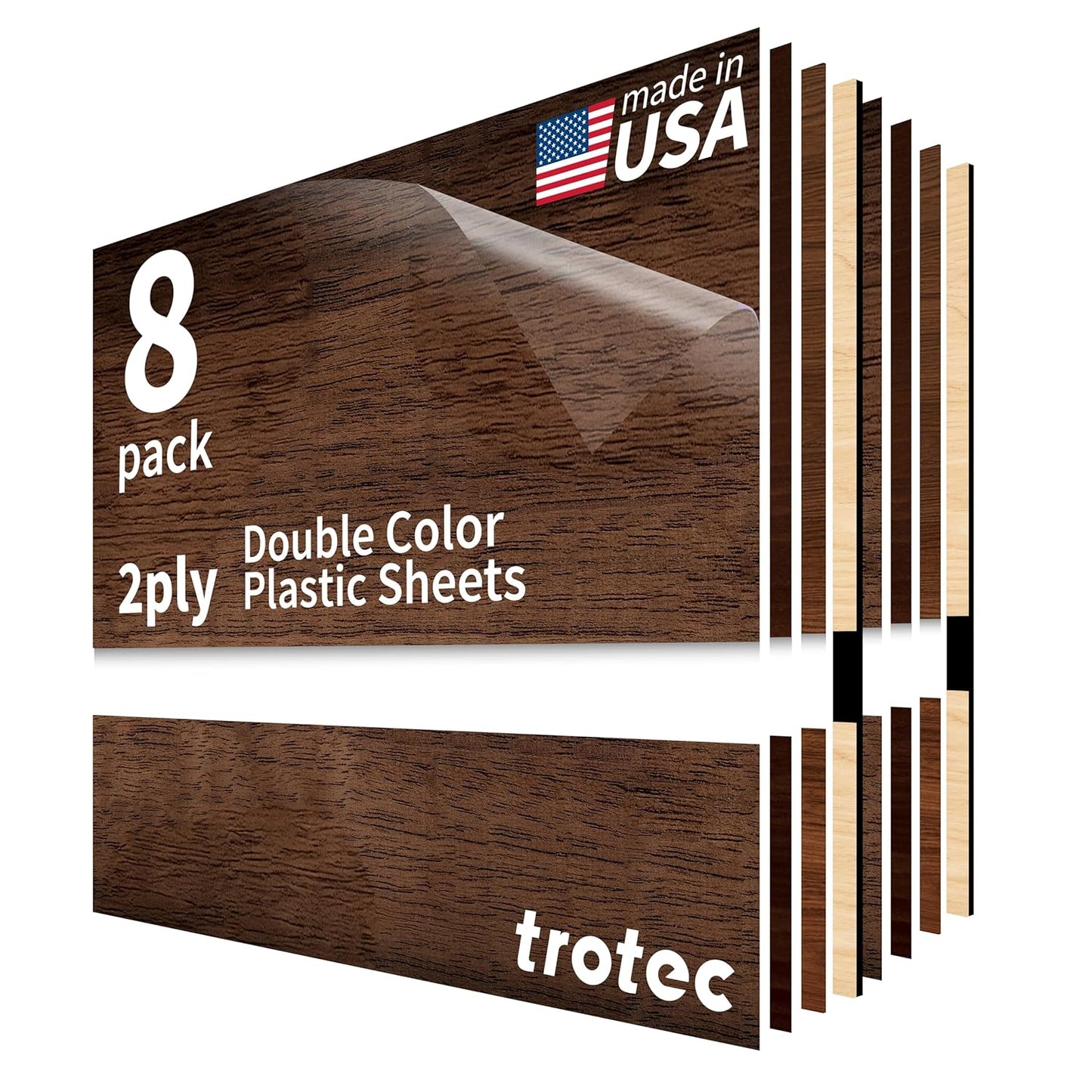 Trotec TroLase Wood | 12"x12"x1/16", 8 Pcs | Multicolor | 2 Ply | Modified Acrylic | Laser Engraving Double Color Plastic Sheet | Engraving Blanks for Laser, Saw, Guillotine | Made in USA