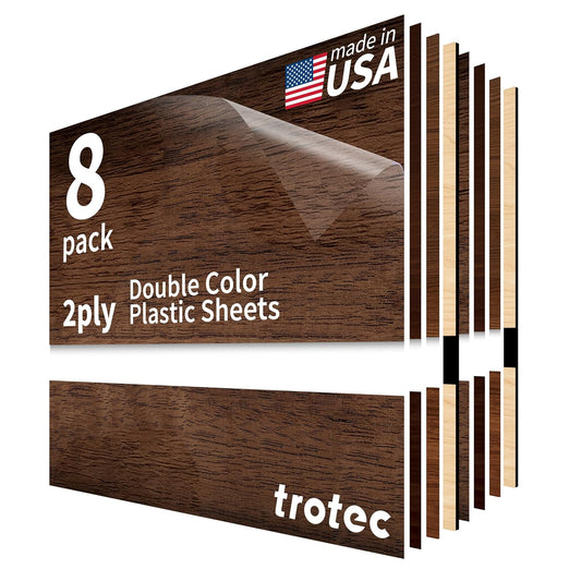 Trotec TroLase Wood | 12"x12"x1/16", 8 Pcs | Multicolor | 2 Ply | Modified Acrylic | Laser Engraving Double Color Plastic Sheet | Engraving Blanks for Laser, Saw, Guillotine | Made in USA