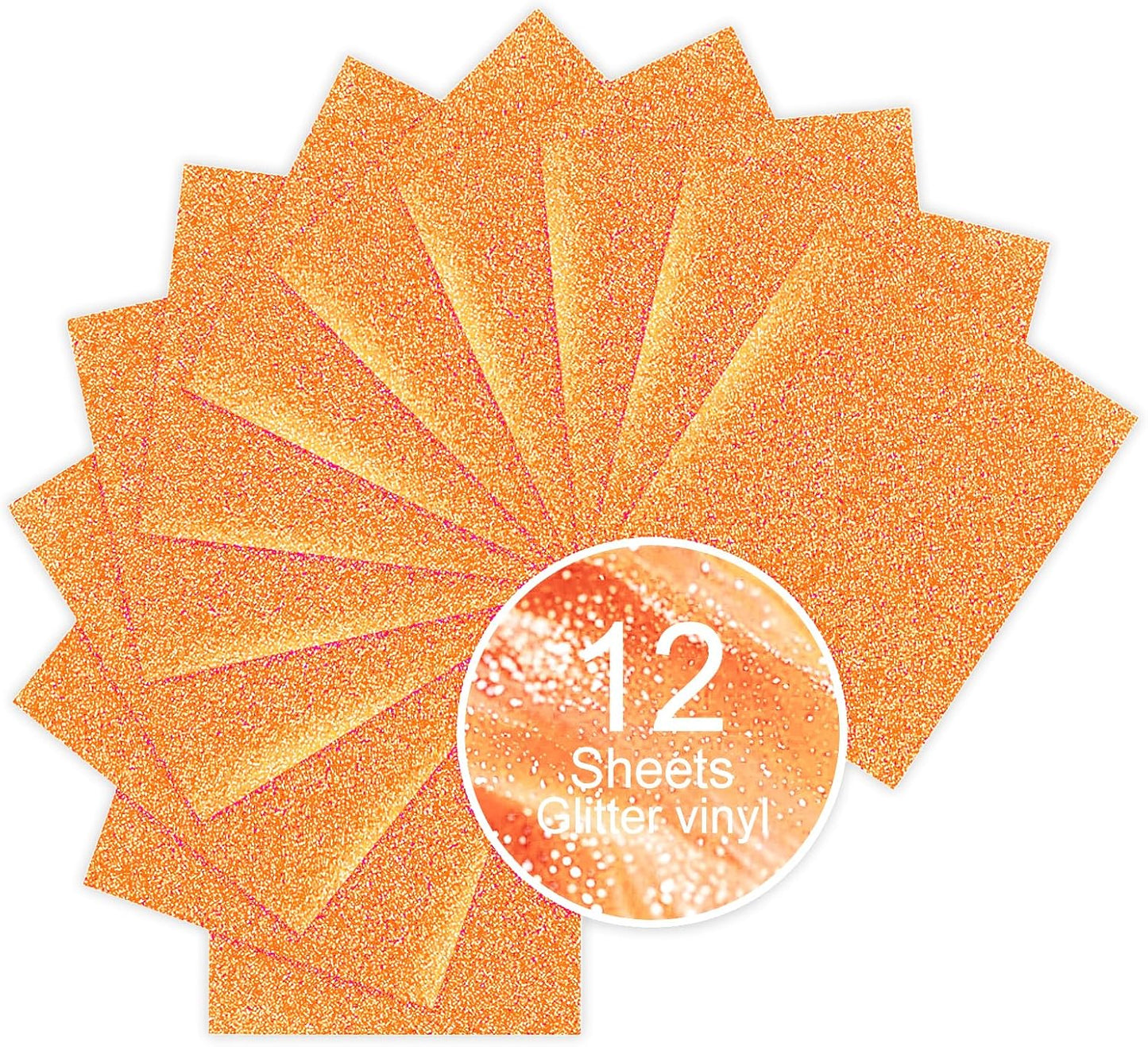 Orange Glitter HTV Sparkly Heat Transfer Vinyl – 12 Pcs 12x10Inch Iron-On Vinyl Sheets for T‑Shirts & DIY Craft Gifts, Easy to Cut & Weed, No‑Flake & Washable, Work with All Cutter Machines