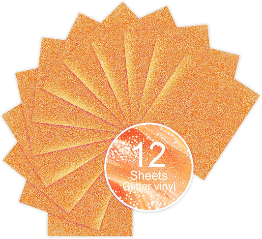 Orange Glitter HTV Sparkly Heat Transfer Vinyl – 12 Pcs 12x10Inch Iron-On Vinyl Sheets for T‑Shirts & DIY Craft Gifts, Easy to Cut & Weed, No‑Flake & Washable, Work with All Cutter Machines