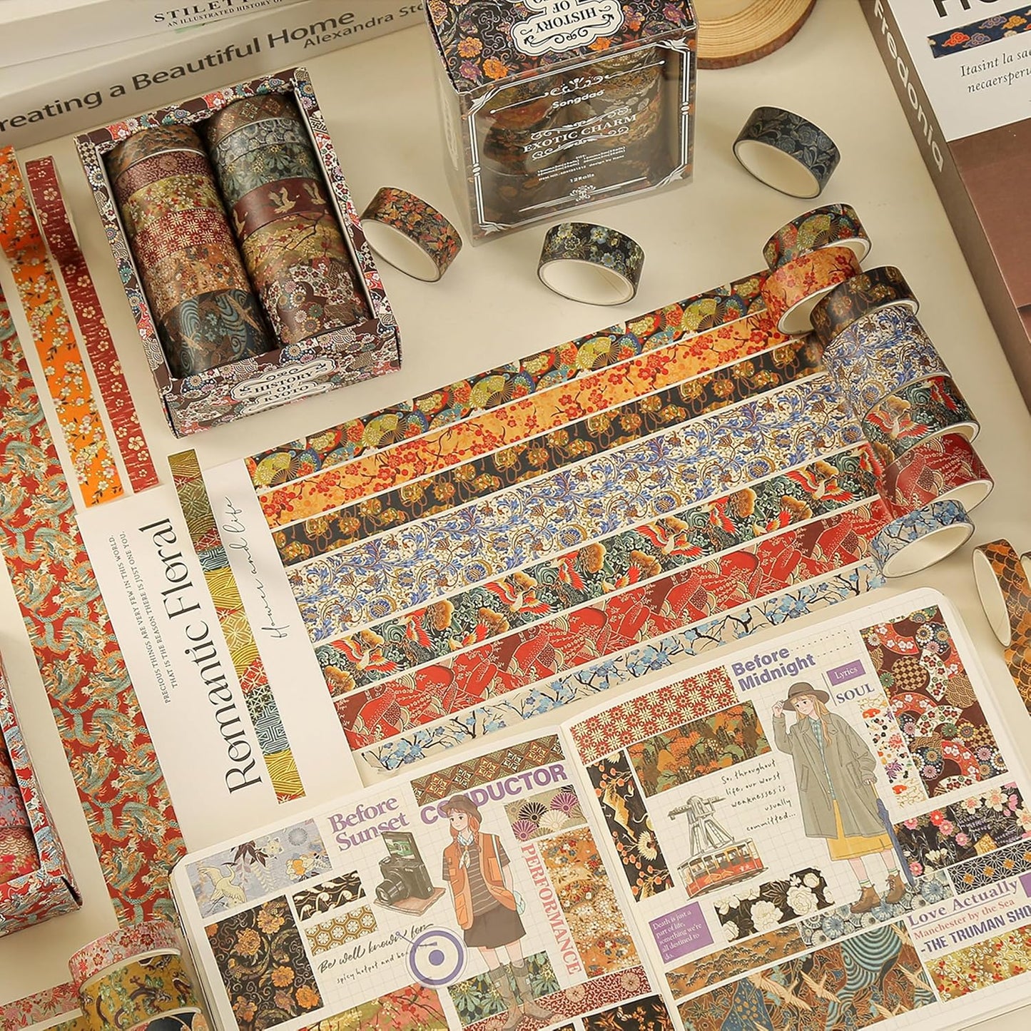 12 Rolls Kyoto Charm Washi Tape Set Japanese Arts Adhesive Tapes Geometric Garden Decorative Masking Tape Sets for Craft, Kids, Scrapbook, DIY, Gift Wrapping (Floral Bird)