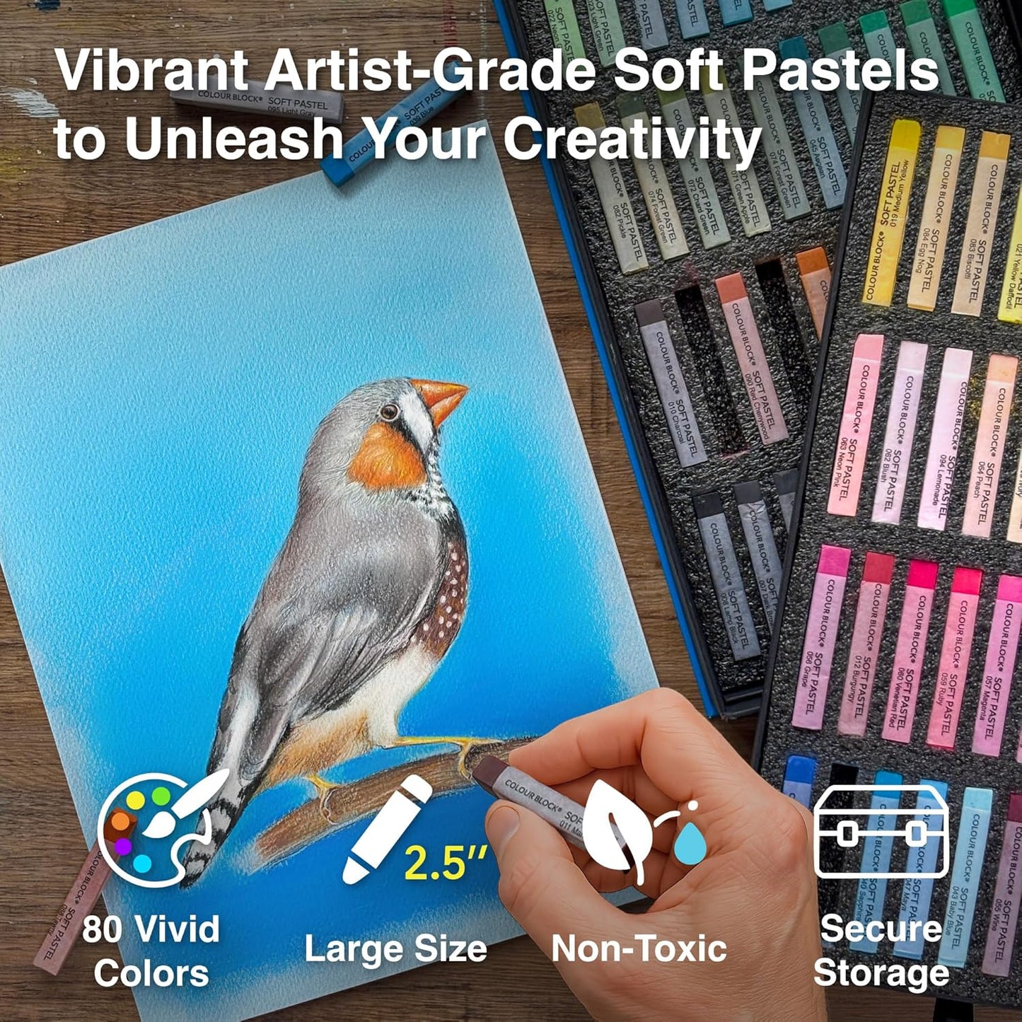 COLOUR BLOCK Soft Pastels for Artists - 80 Colors Square Chalk Soft Pastels Art Set in CARBON Box - Vibrant Pigments Art Kit for Painting, Drawing, Sketching, Hobbyists, Students and Kids