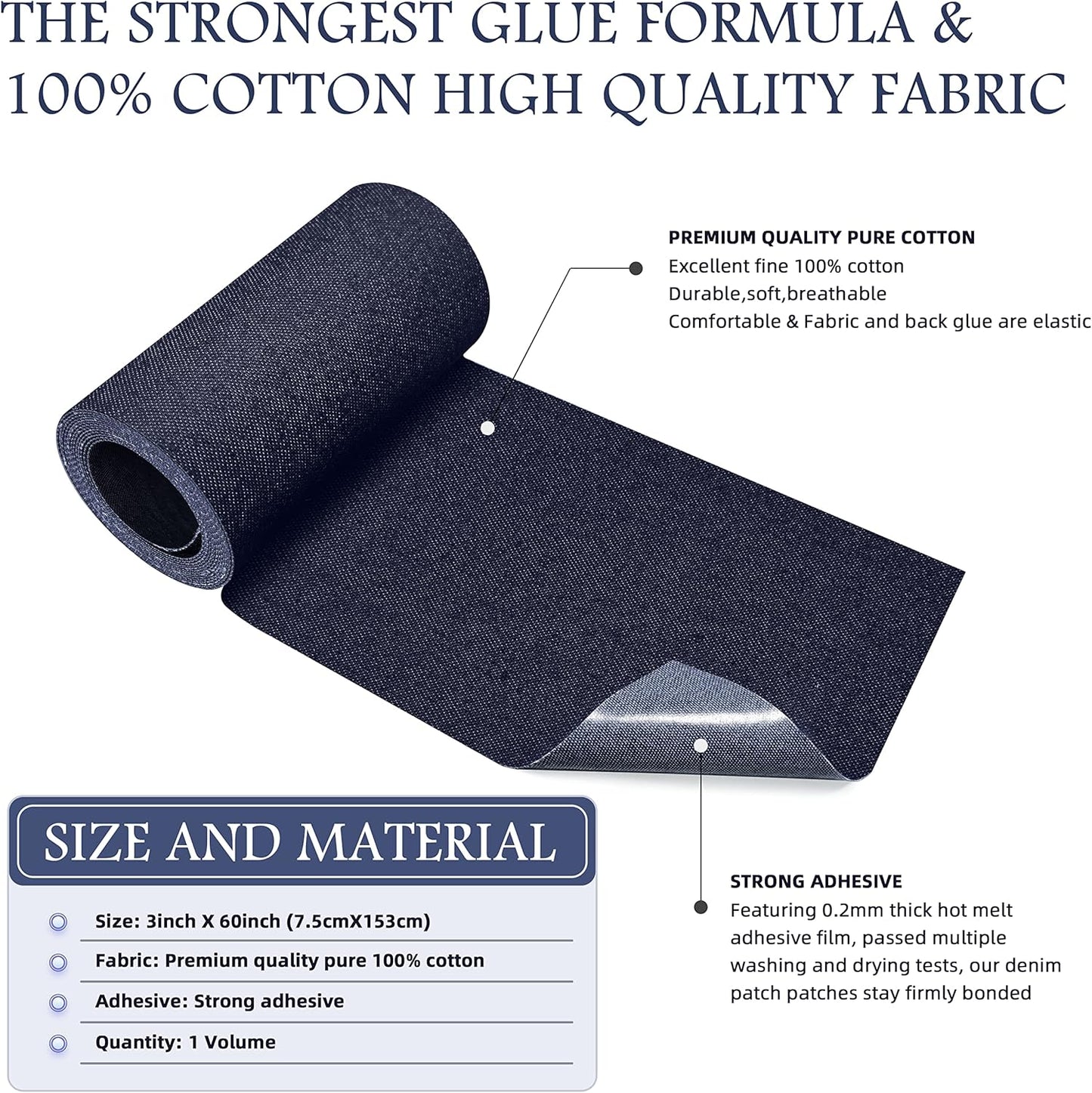 KING MOUNTAIN Iron-on Repair Patch,3"x60"100% Cotton Denim Iron-on Repair Patch, Jeans and Clothing Repair and Decoration Kit (Dark Blue)