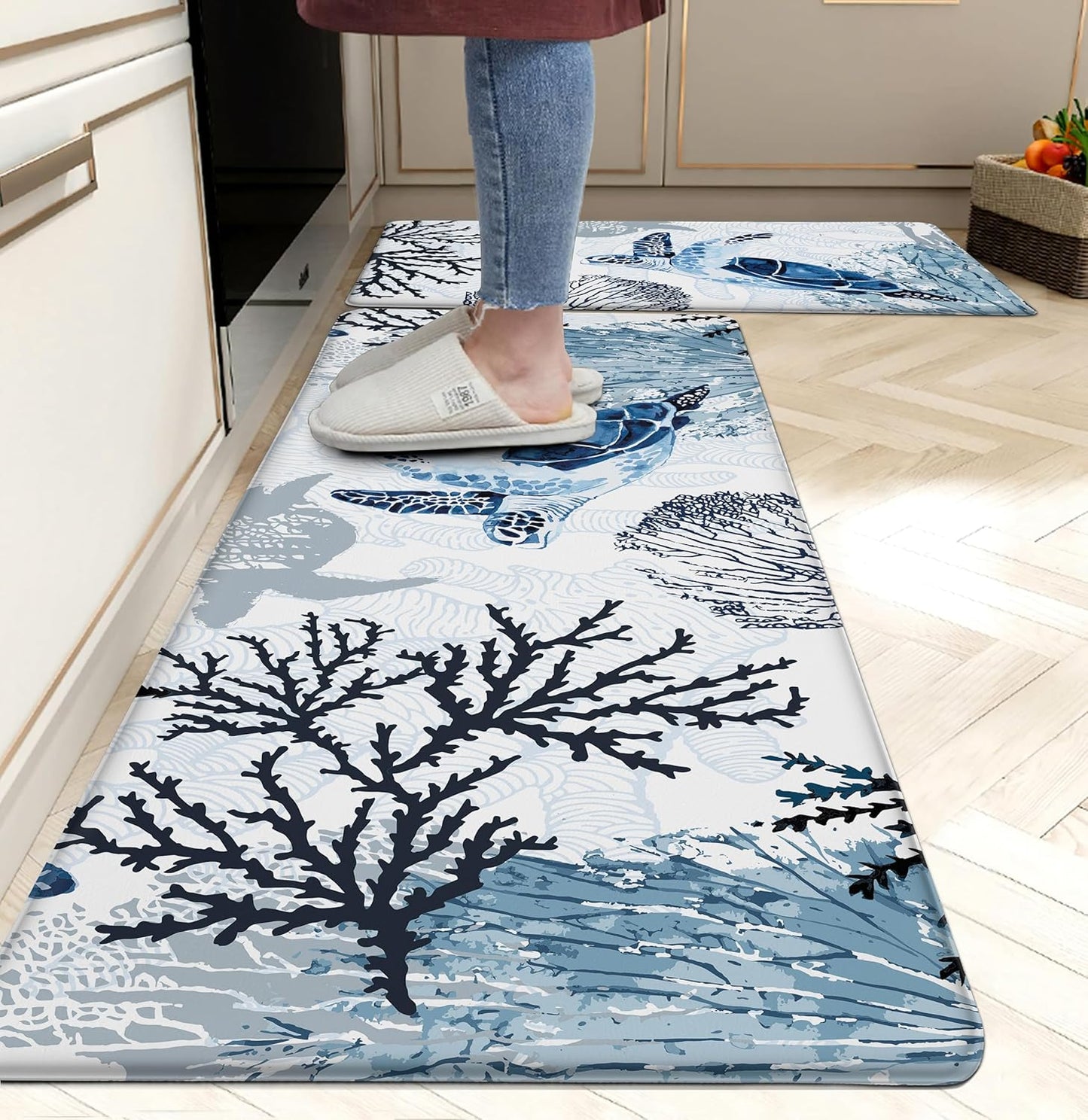 Coastal Beach Kitchen Floor Mat Rugs Nautical Decorative Coral Sea Turtle Kitchen Rugs Anti Fatigue Mats Non-Slip Comfort Standing Cushioned for Kitchen 17.3" 28" + 17.3" x 47" Set 2 Pcs Navy Blue