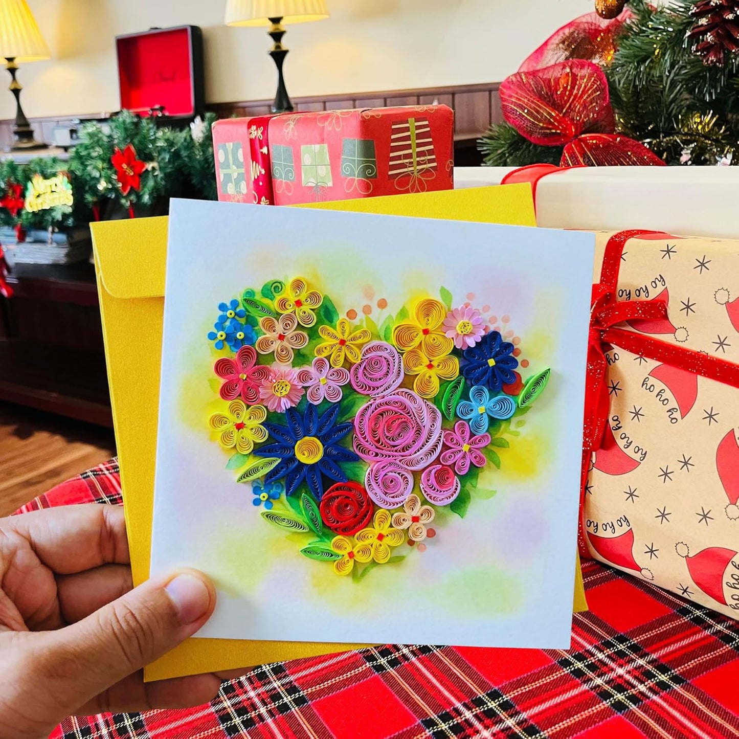 Quilling Cards, handmade card, quilled cards with Handmade Art Quilling birthday card for women, Birthday card, mother... colorful heart design (Flowers Heart 2)