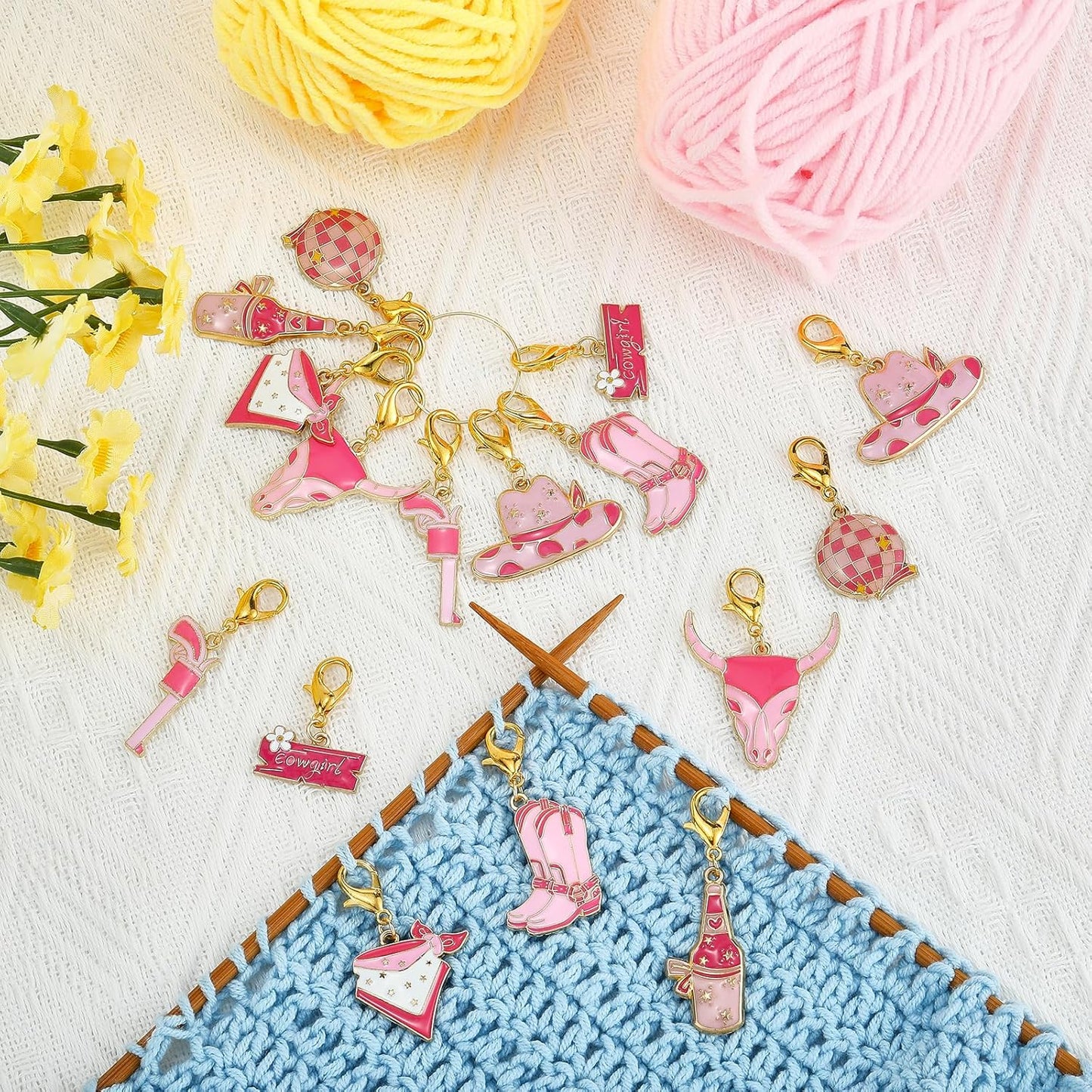 BEEFLYING 16Pcs Cowgirl Stitch Marker Charms for Crocheting and Knitting, 8 Styles Locking Pink Enemal Crochet Knit Stitch Marker Pendant with Leverback Clasp for Knitting Crocheting Accessories