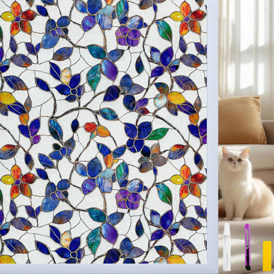 Window Privacy Film Stain Glass Window Film Rainbow Window Film Window clings Non-Adhesive Reusable Decorative for Room (Frosted Stained Leaf, 23.6 x 78.7 in)