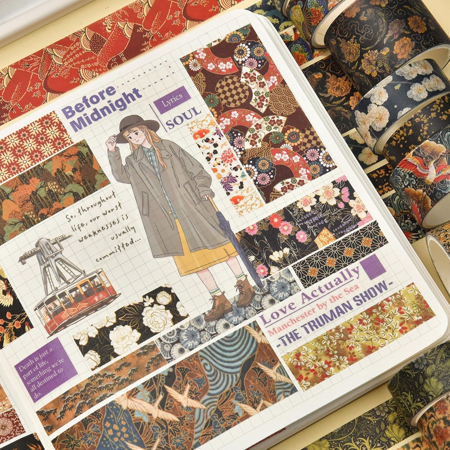 12 Rolls Kyoto Charm Washi Tape Set Japanese Arts Adhesive Tapes Geometric Garden Decorative Masking Tape Sets for Craft, Kids, Scrapbook, DIY, Gift Wrapping (Crimson Fields)