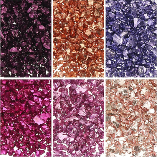 uxcell 6 Colors Crushed Glass Chips, 1-3mm Irregular Glitter Metallic Glass Broken Glasses Pieces with Laser Bag for Craft DIY Vase Epoxy Halloween Decoration 33g, Pink Color Series