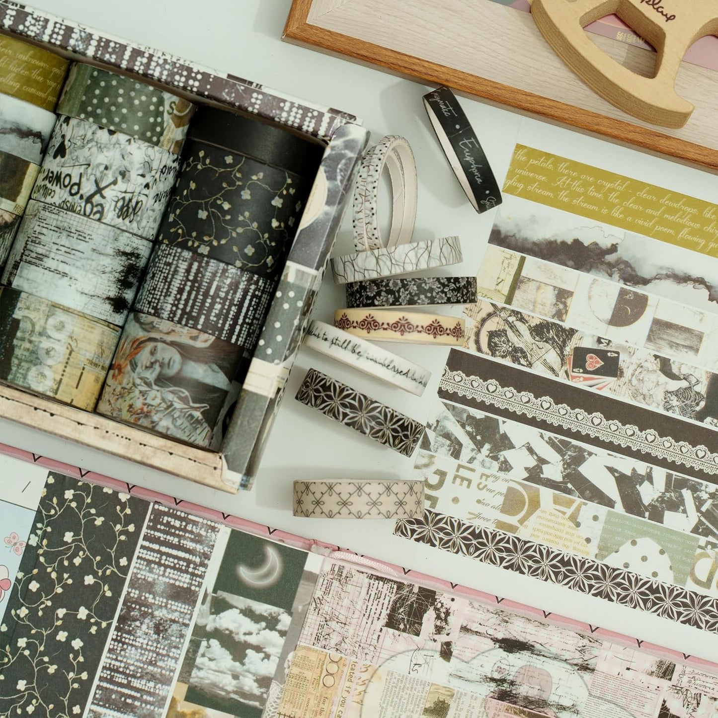 Vintage Washi Tape Set - 24 Rolls Arts Adhesive Tapes Assorted Retro Decorative Masking Tape Sets for Craft, Kids, Scrapbook, DIY, Gift Wrapping (9-Monochrome Mood)