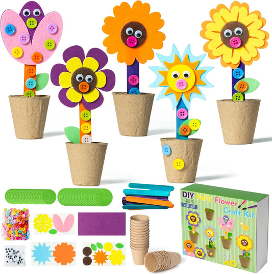 WATINC Mother's Day Spring Felt Flower Craft Kits - Make Your Standing Flowers Gift Crafts with Buttons Flower Pot Decor, DIY Flowers Decorations Home School Fun Activities for Mom Kids (16Pcs)