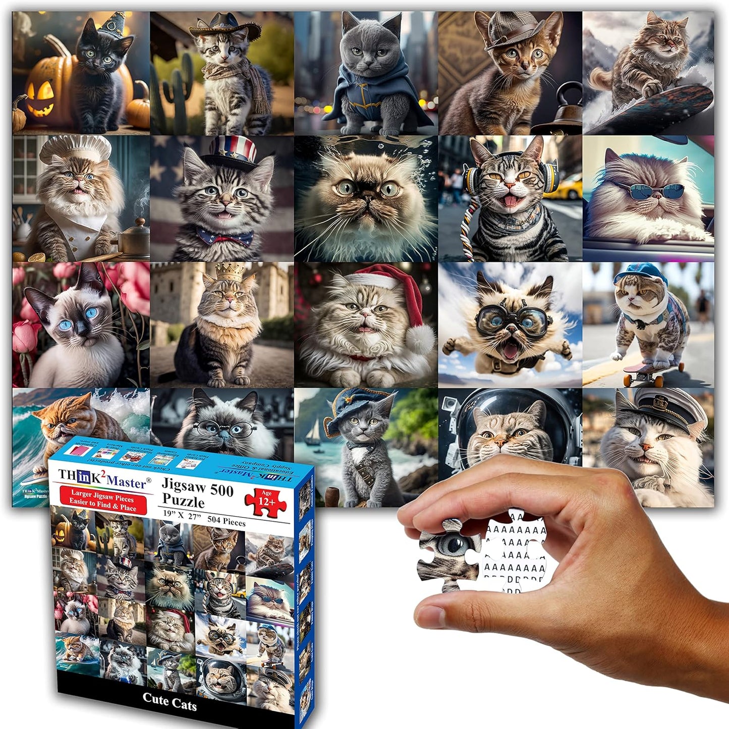 Think2Master Cute Cats 500 Pieces Jigsaw Puzzle Featuring heartwarming Kittens and Cats. Fun Toy Teens, Seniors & Families. Great Gift for Kids Ages 13+ Size: 26.8” x 18.9”
