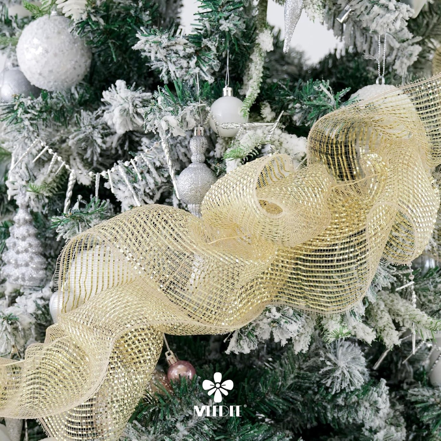 MEEDEE Champagne Deco Mesh 10 Inch Deluxe Wide Foil Metallic Pull Up Mesh Champagne Gold Mesh Ribbon for Christmas Tree, Wreaths, Garland, Gift Wrapping, Bows Making (30 Feet)