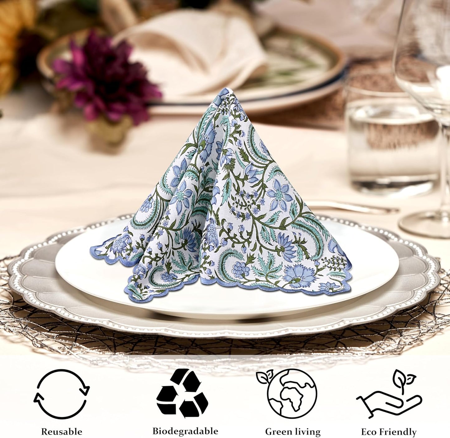 Ridhi Columbia BlueHand Block Print Napkins 18" x 18" Set of 4 Reusable Cotton Dinner Napkins for Weddings, Parties & Everyday Dining, Thanksgiving, Christmas, Fall