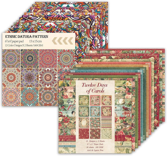 48 Sheets 24 Designs Scrapbook Paper Pad, 6"×6" Single-Sided Decopodge Craft Cardstock Paper,Scrapbooking DIY Decorative Background Cardmaking Supplies.Carols&Datura