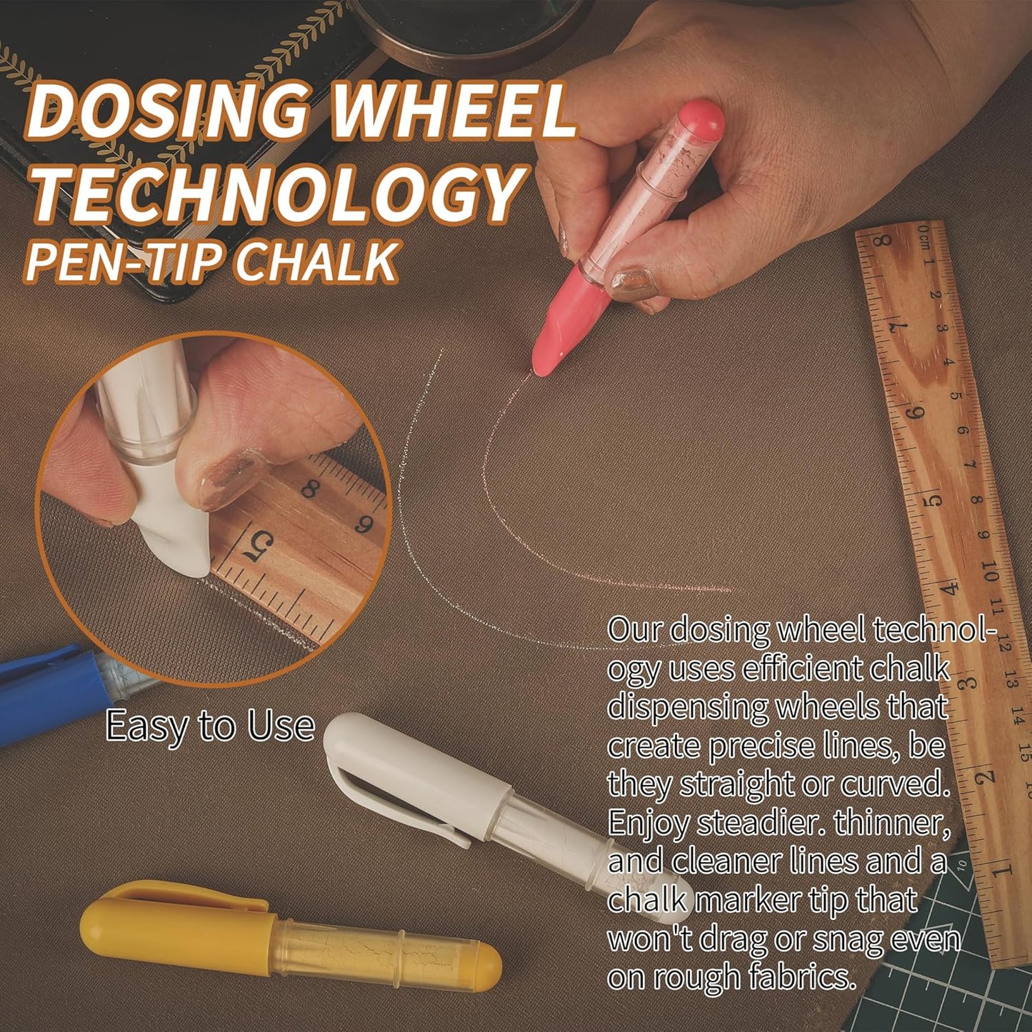 (3-pack) Fabric Chalk Markers -Erase Tailor’s Chalk for Quilting and Sewing - Compatible with Most Fabrics - With Dosing Wheel Technology, Red, Blue, White