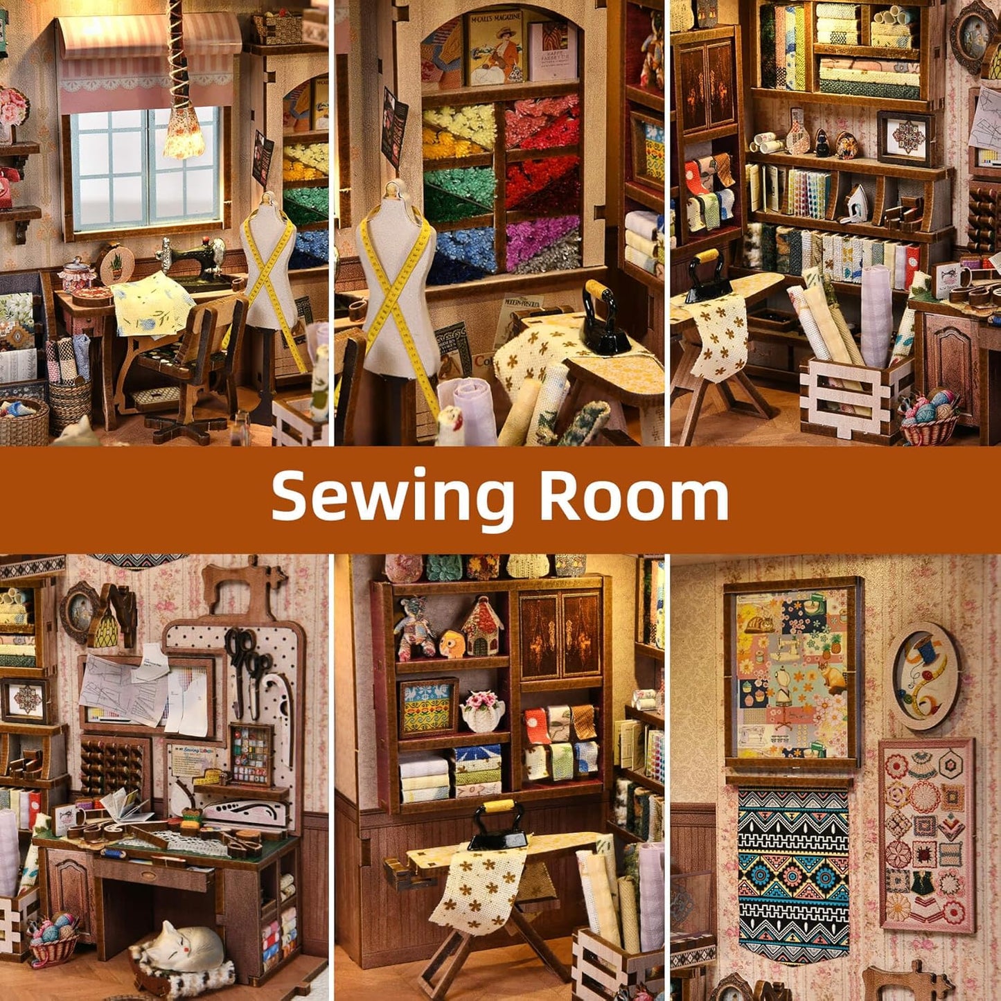 Book Nook Kit, DIY Miniature House Dollhouse Kit for Adults and Teens, 3D Wooden Puzzle Bookend Creative Bookshelf Insert Decor with LED Light, Gifts for Family, Friends (Sewing Room)