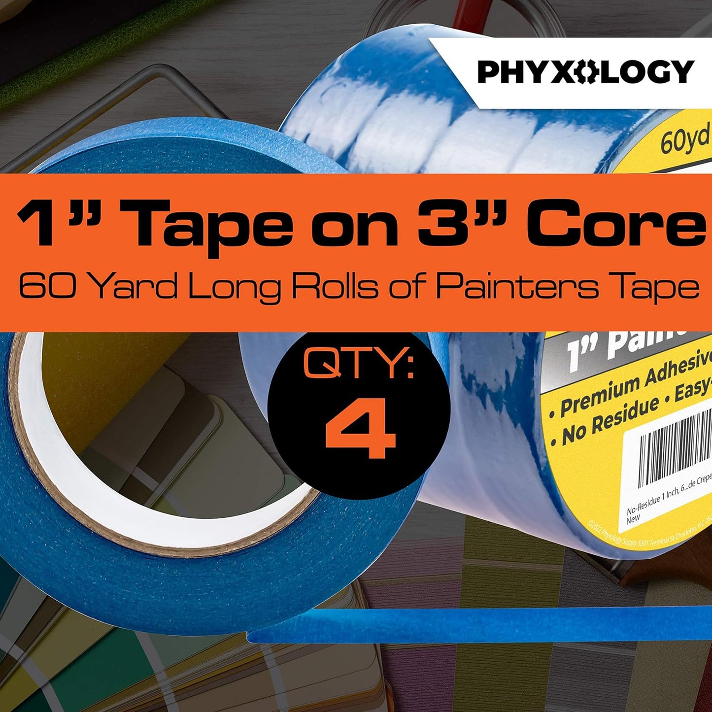 No-Residue 1 Inch, 60 Yard Blue Painters Tape 4 Pk. Easy-Tear, Pro-Grade Removable Masking Tape Great for Home, Office, Commercial Contractor. Clean, Drip-Free Painting with Wide Crepe Paper Rolls