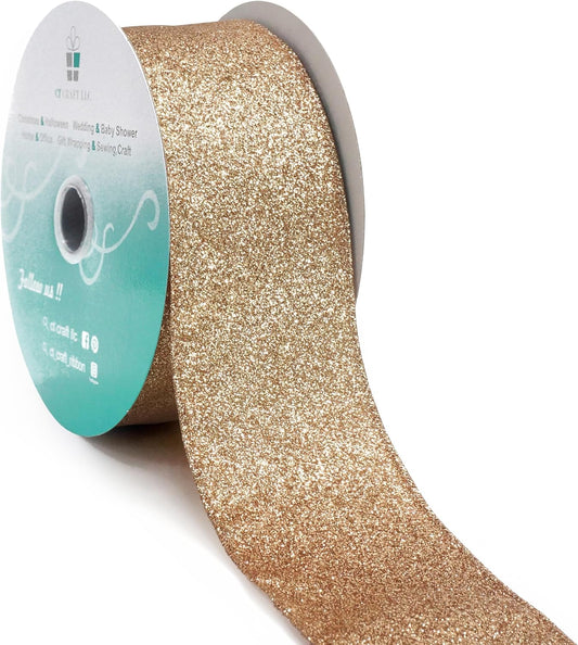 CT CRAFT LLC Glitter Wired Ribbon 2.5" x 20 Yards Gold (Champagne Gold) for Christmas Home Decor Bow Gift Wrapping DIY Crafts Wreath